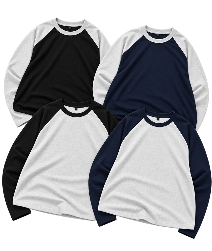 Blanq Heavyweight Long Sleeve Raglan Blank T-Shirt – Light Grey & Navy Blue